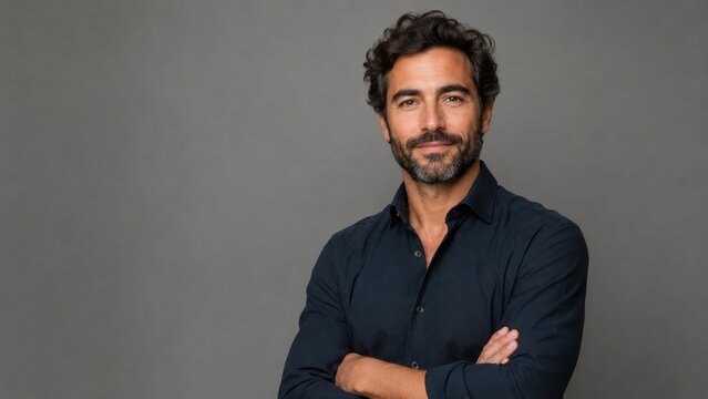 Confident smiling middle-aged man with beard and folded arms in a navy shirt studio portrait on a gray background