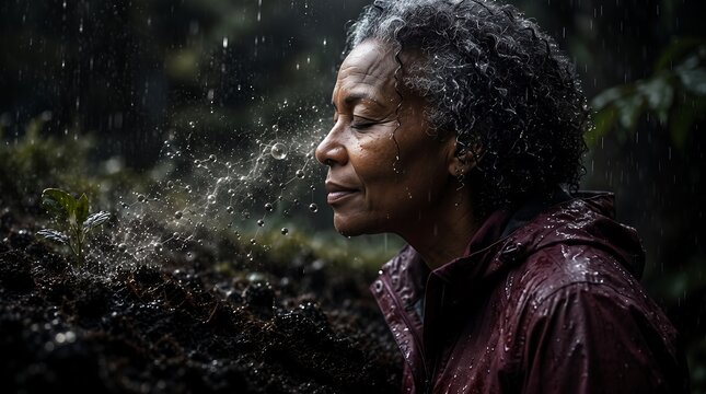 Mature woman with eyes closed smelling a small seedling in the dark soil during a rainy day in the forest