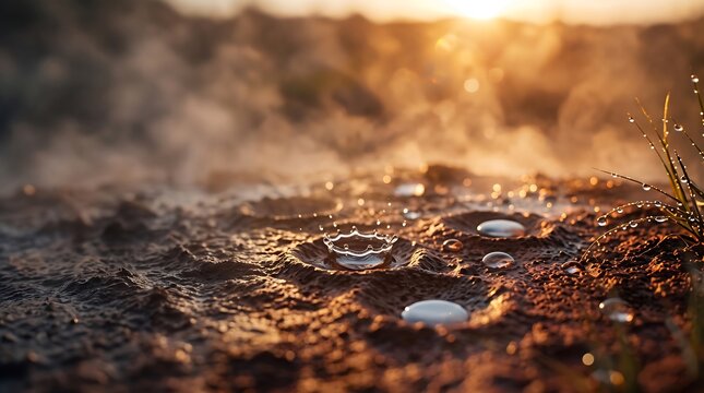 Macro view of water droplets splashing on dry parched ground with rising steam and golden sunset light