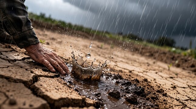 Hand touching parched cracked earth as rain falls creating a splash in a muddy puddle during drought relief