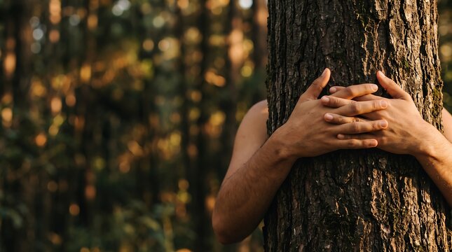 Man's hands with interlocked fingers embracing a large tree trunk in a golden sunlit forest