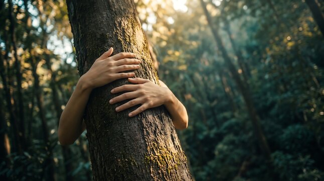 Close up of human hands embracing a tree trunk in a lush sunlit forest symbolizing love for nature and environmental conservation