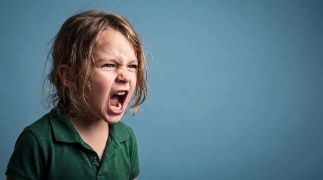 Angry young child with messy hair shouting and screaming in frustration against blue background