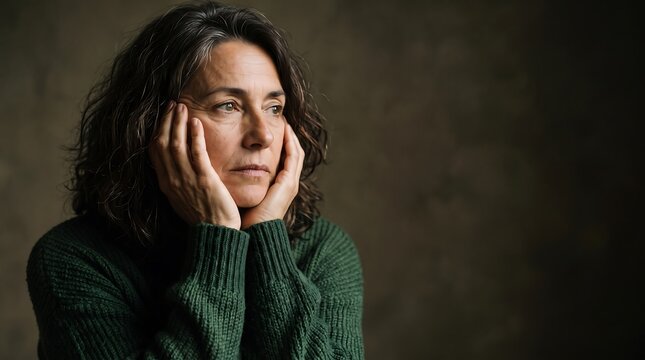 Thoughtful middle aged woman looking away with a pensive expression while resting her face in her hands