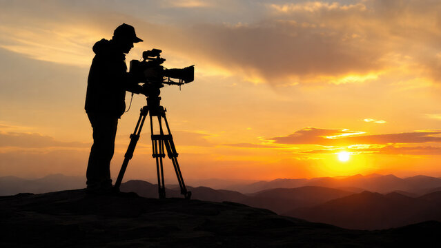 Silhouette of a camera operator filming a vivid sunset over layered mountain ridges on a tripod during golden hour