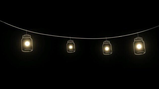 Hanging mason jar lights garland isolated on transparent background glowing warm string fairy light jar lanterns vector illustration graphic decoration