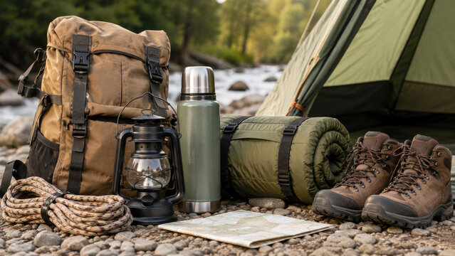 Riverside camping setup with backpack, tent, rolled sleeping bag, hiking boots, lantern, thermos, rope and map on a pebble shore