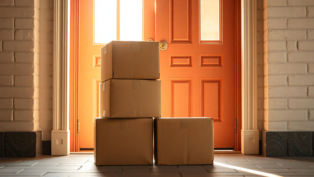 Stack of cardboard delivery boxes in front of orange front door in warm sunlight, online shopping, parcel delivery and e-commerce concept with copy space