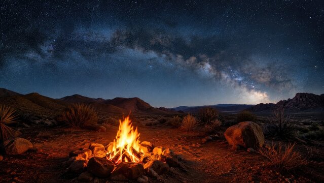 Campfire glowing in a desert under a panoramic Milky Way starry night sky with distant mountains on the horizon