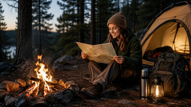 Woman camping at a lakeside pine forest campsite at dusk, reading a map by a glowing campfire beside a tent, lantern, thermos, and backpack