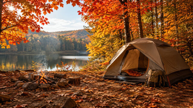 Autumn lakeside camping scene with tent, warm campfire, backpack and colorful orange foliage by a calm reflective lake at golden hour