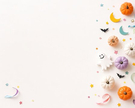 Minimal Halloween Background Featuring Ceramic Pumpkins Ghost Ornament And Festive Decorative Props