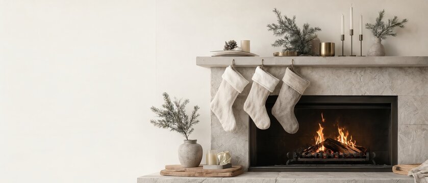 Elegant Minimalist Christmas Fireplace Decor Featuring Cozy Holiday Stockings And Neutral Colors