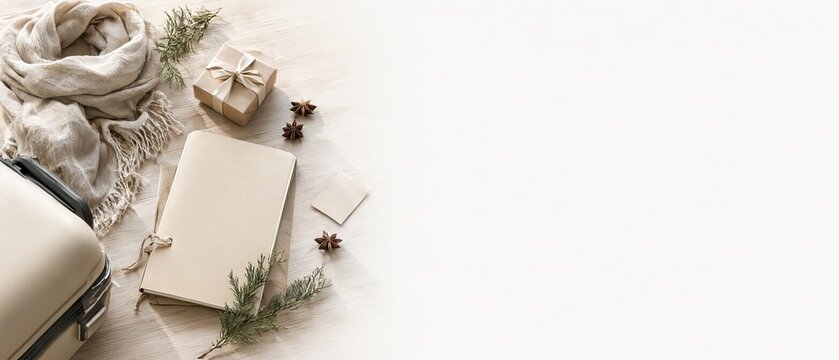 Minimalist Holiday Travel Flat Lay with Blank Journal Scarf Gift and Suitcase for Seasonal Branding.