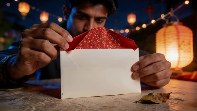 Placing envelope, man lifting red flap at table with lights, revealing and checking glitter lining