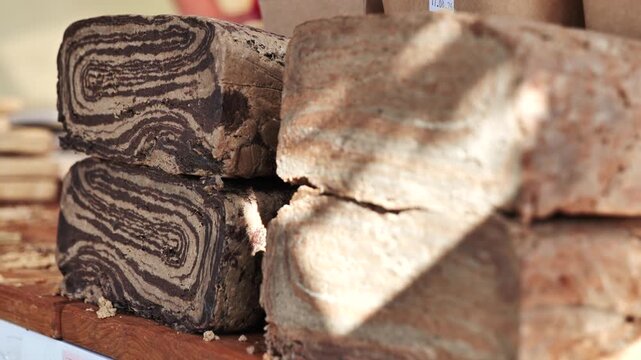 Halva sweet dessert loaves displaying chocolate and vanilla swirled patterns