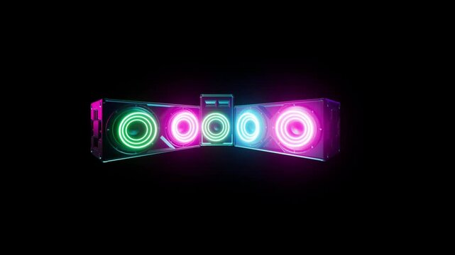 Glowing neon audio speakers isolated on transparent background futuristic dj sound system music equipment boombox 3d render motion graphic design element