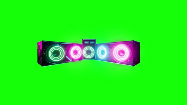 Glowing neon audio speakers isolated on transparent background futuristic dj sound system music equipment boombox 3d render motion graphic design element