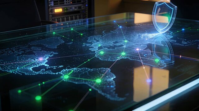 Starting, animating holographic world map on glass table, shield rising, nodes pulsing, rack