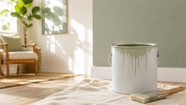 Interior painting scene with a green paint can dripping on a drop cloth beside a brush in a sunlit living room