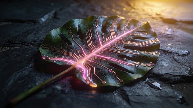 Pulsing large green leaf responding to warm sun, copper traces and droplets glinting on wet stone