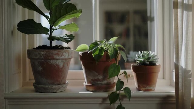 Shifting light and breeze causing three potted plants in terracotta pots angling leaves on sill