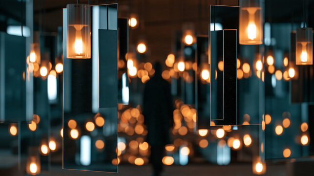 Mysterious central silhouette surrounded by suspended reflective glass mirrors and warm pendant lights, infinite reflections and deep cinematic perspective, self perception,
