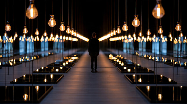 Mysterious central silhouette surrounded by suspended reflective glass mirrors and warm pendant lights, infinite reflections and deep cinematic perspective, self perception,