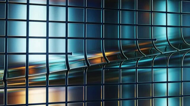 Forming shallow bulge, shiny tile wall bending in studio, shifting teal amber glow and dark grout