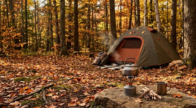 Autumn camping stove beside forest tent. Autumn outdoor recreation and adventure