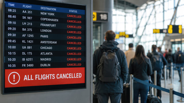 Airport departure board showing multiple canceled flights and a large "All Flights Cancelled" notice while passengers queue in the terminal