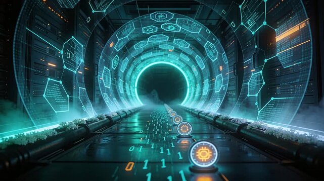 Activating central portal sending glowing chip nodes through tech data tunnel, showing binary flow