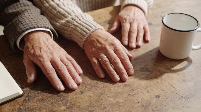 Shifting hands in jacket, sweater prompted by chat, sliding on worn wooden table with mug, ring