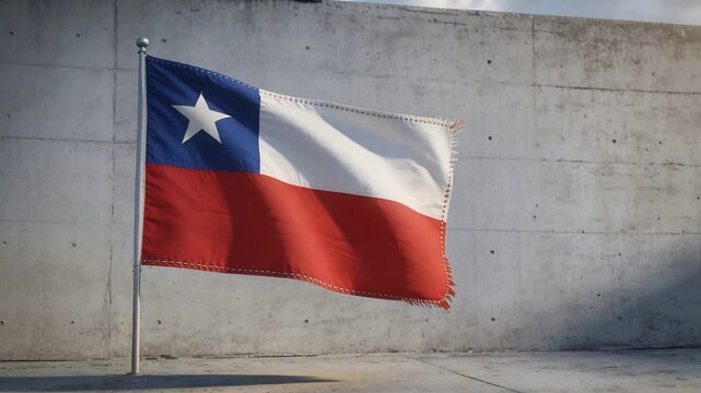 Billowing national flag on metal pole responding to gusts in concrete courtyard