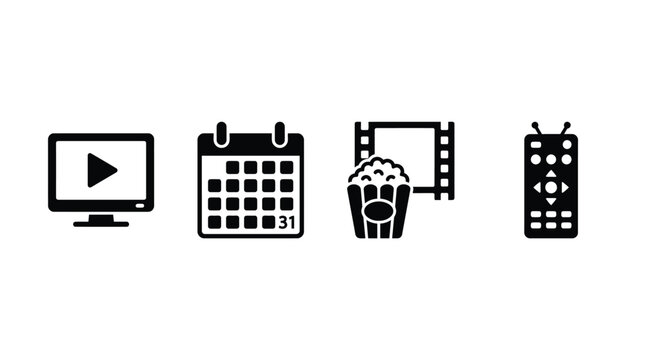 Black silhouette vector icons featuring television calendar popcorn and remote control for entertainment media concepts and digital device interface design elements