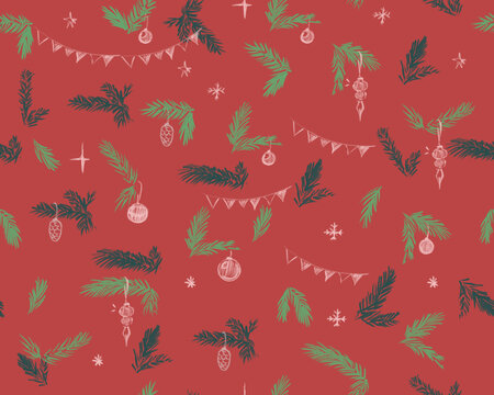 Seamless New Year and Christmas pattern with pine branches and holiday decorations, hand-drawn