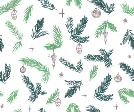 Seamless New Year and Christmas pattern with pine branches and holiday decorations, hand-drawn