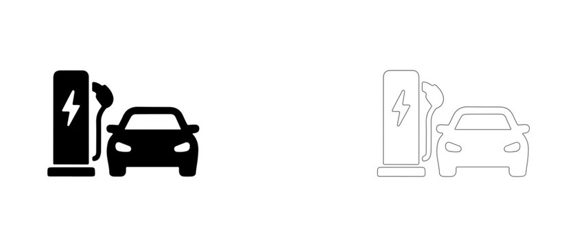EV charging station with electric car vector icon filled and outline, electric vehicle charger symbol.