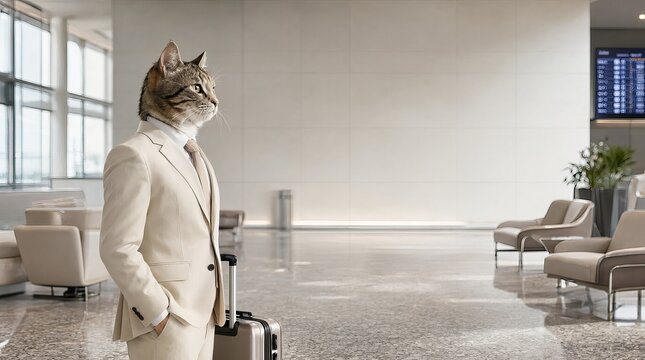 Anthropomorphic Cat Dressed in Elegant Smart Cream Suit Standing in Luxurious Airport Lounge Area