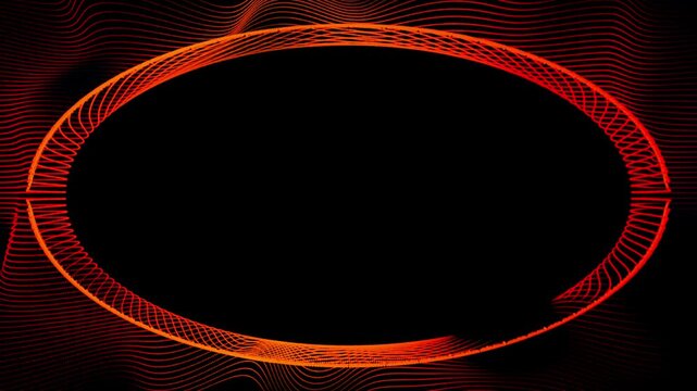 Glowing orange oval frame with digital waving lines over dark backdrop, futuristic neon border template for video title display, logo placement and tech event screen 