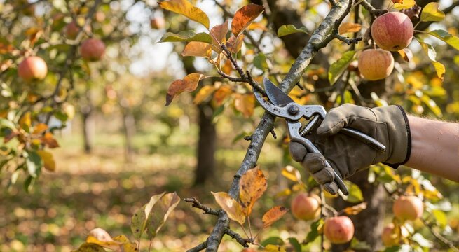 Gloved hands pruning a branch beside ripe apples. Autumn gardening and landscape care