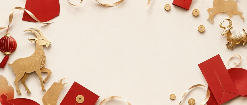 Minimalist Happy Chinese New Year 2027 Flat Lay With Zodiac Goat Decorations And Red Envelopes.