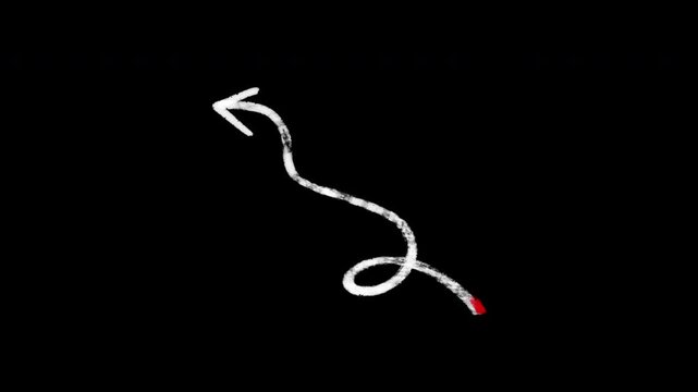Animated curly arrow drawing from right to left in two color variations on black background.