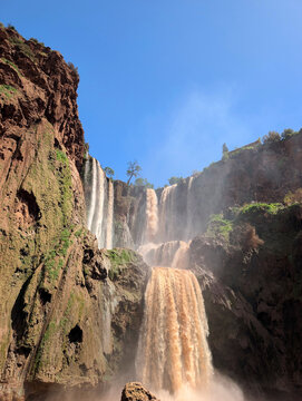 Two tier waterfall surrounded by rugged cliffs in Morocco