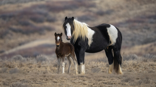 A black and white pinto mare with a flowing mane stands protectively beside her young brown foal in an open grassland landscape. A peaceful equestrian wildlife scene symbolising motherhood