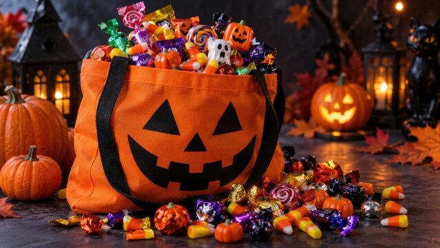 Orange jack-o'-lantern treat bag overflowing with assorted Halloween candy, candy corn, mini pumpkins, lanterns and autumn decor on a festive fall table