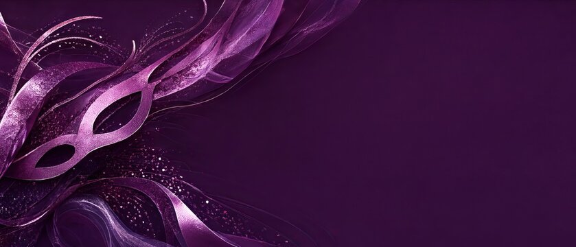 Abstract Elegant Masquerade Mask Illustration with Silk Ribbons and Glitter on Deep Purple Backdrop