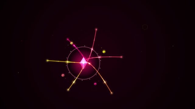 Abstract glowing geometric shapes forming a looping constellation pattern on a dark background