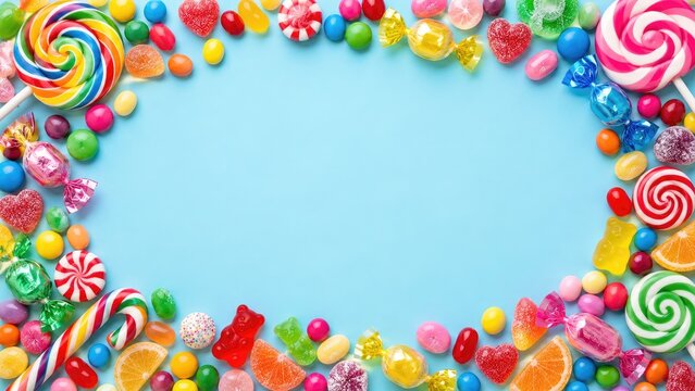 Colorful assortment of candies and lollipops forming a border on a pastel blue background with a central open space