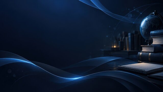 Dark blue background with smooth glowing waves and a stack of books, globe and notebook on a desk in the corner, education and knowledge atmosphere with copy space for text